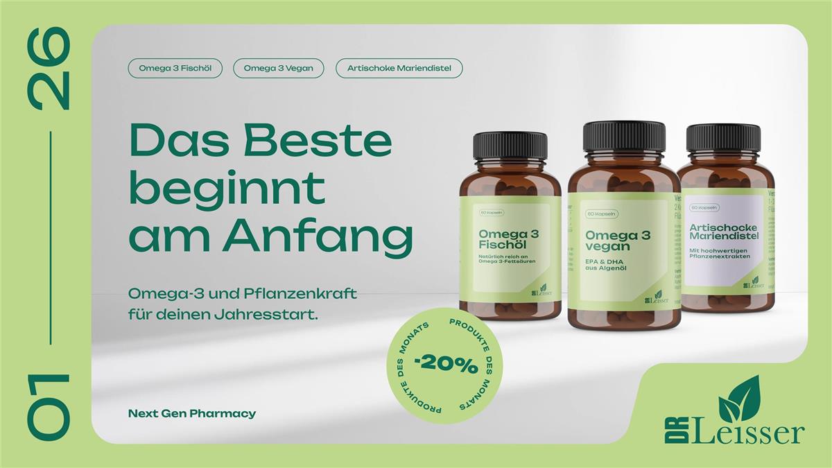 Jänner Aktion mit 20% Rabatt auf Dr. Leisser Amatis Omega 3 Fischöl und vegan und Dr. Leisser Artischocke Mariendistel