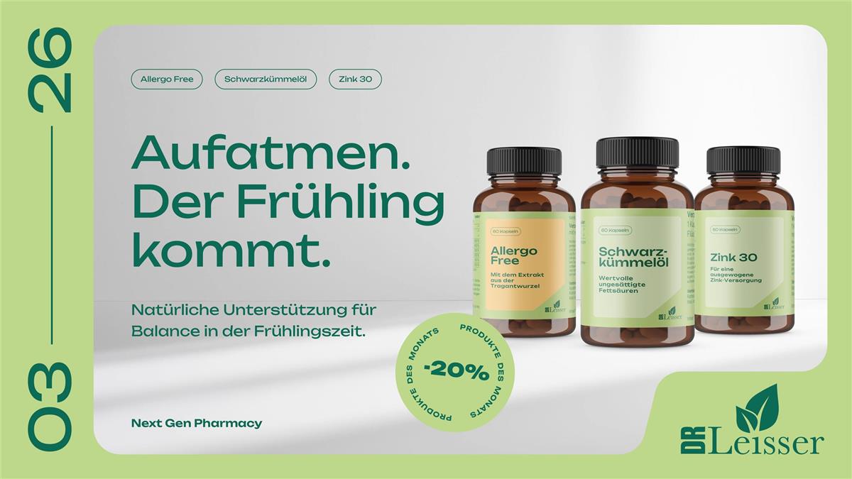 März Aktion mit 20% Rabatt auf Dr. Leisser Allergo free  und Dr. Leisser Schwarzkümmelöl und Dr. Leisser Zink 30